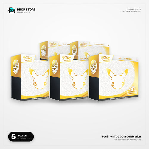 Five sealed Pokemon TCG 30th Celebration Elite Trainer Boxes, 5-pack lot from Drop Store Collectables