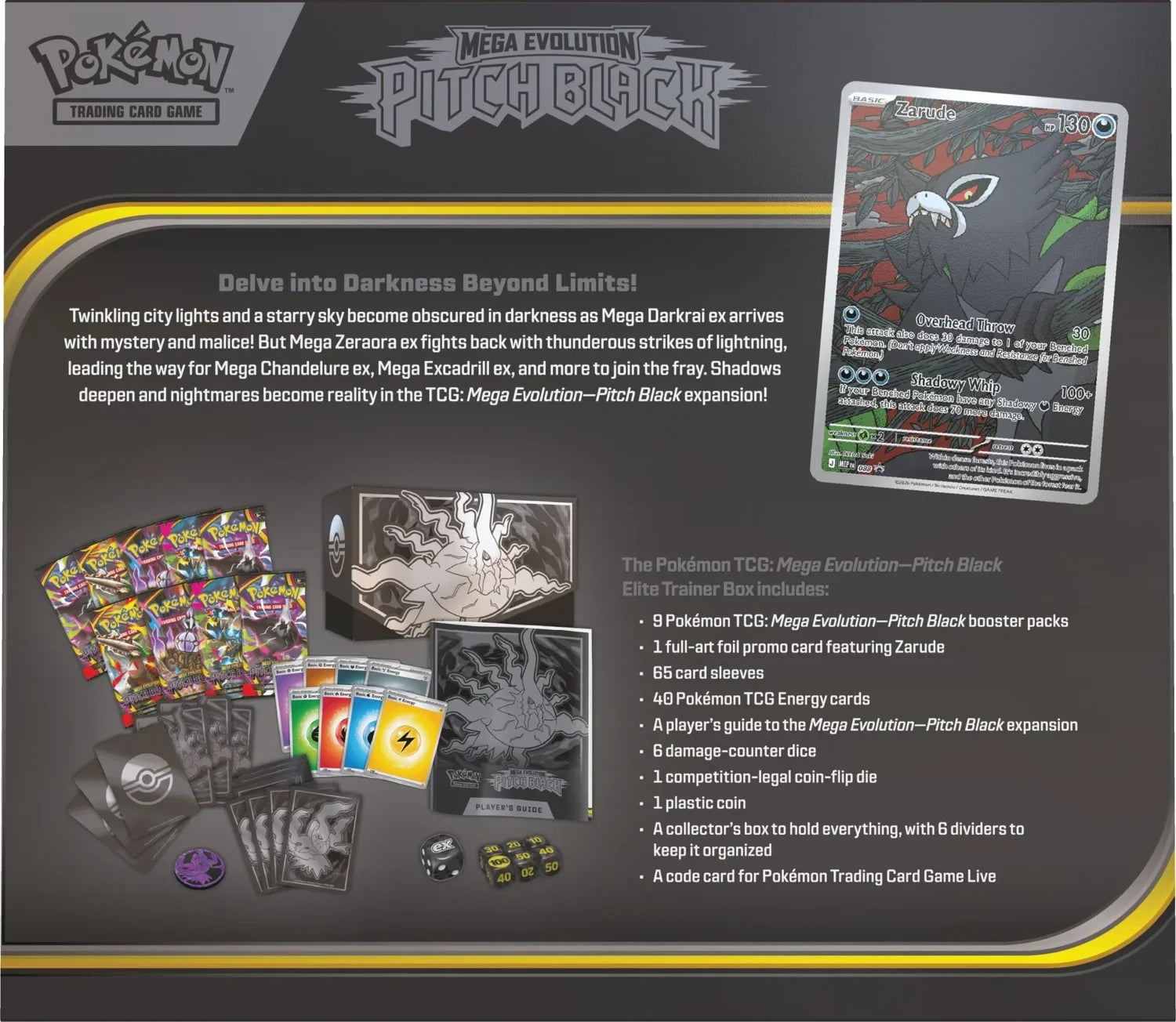 Mega Evolution Pitch Black Elite Trainer Box back. 9 booster packs, Zarude promo, 65 sleeves, accessories