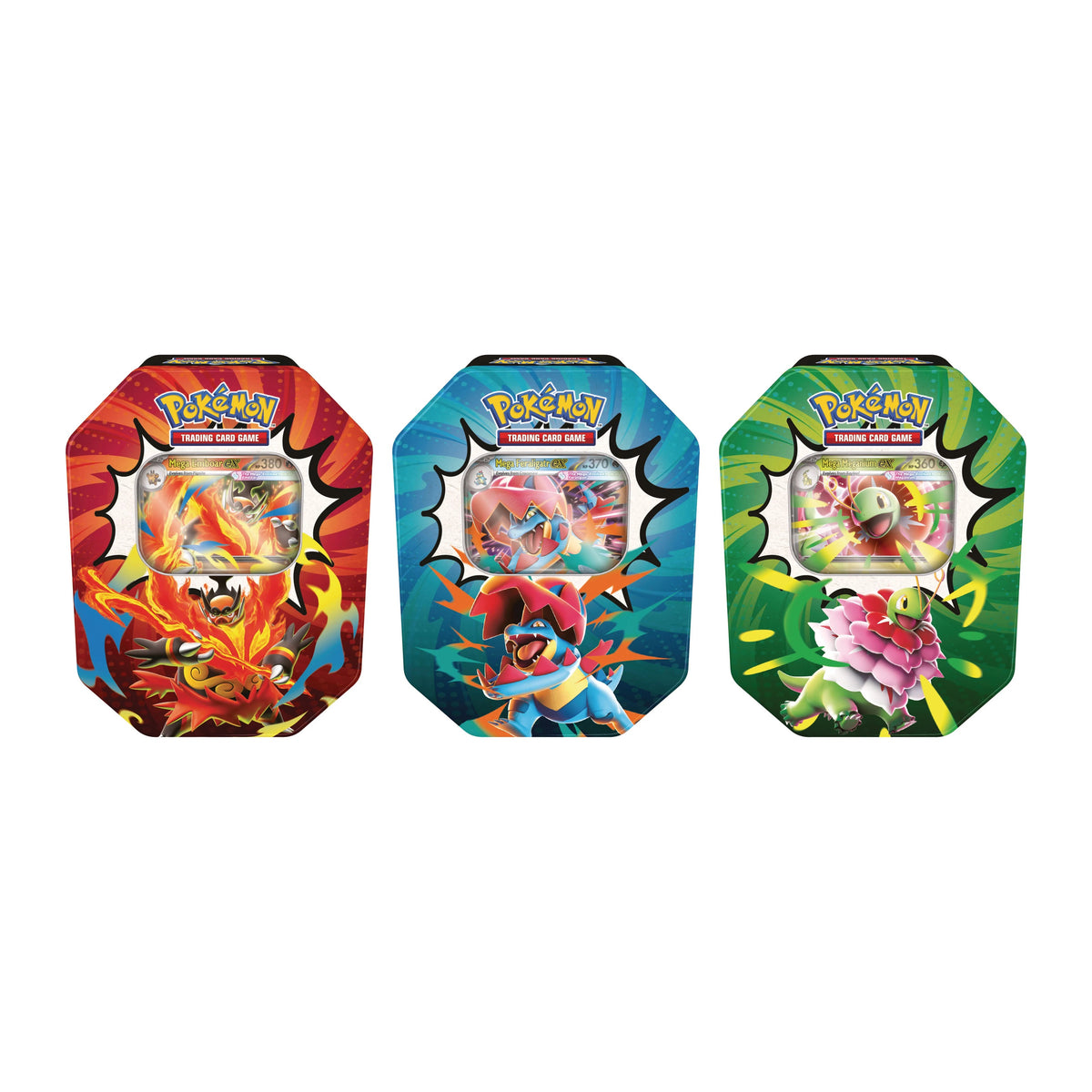 Pokemon TCG Ascended Heroes Tin assorted, Mega Emboar ex, Mega Feraligatr ex and Mega Meganium ex sealed tins