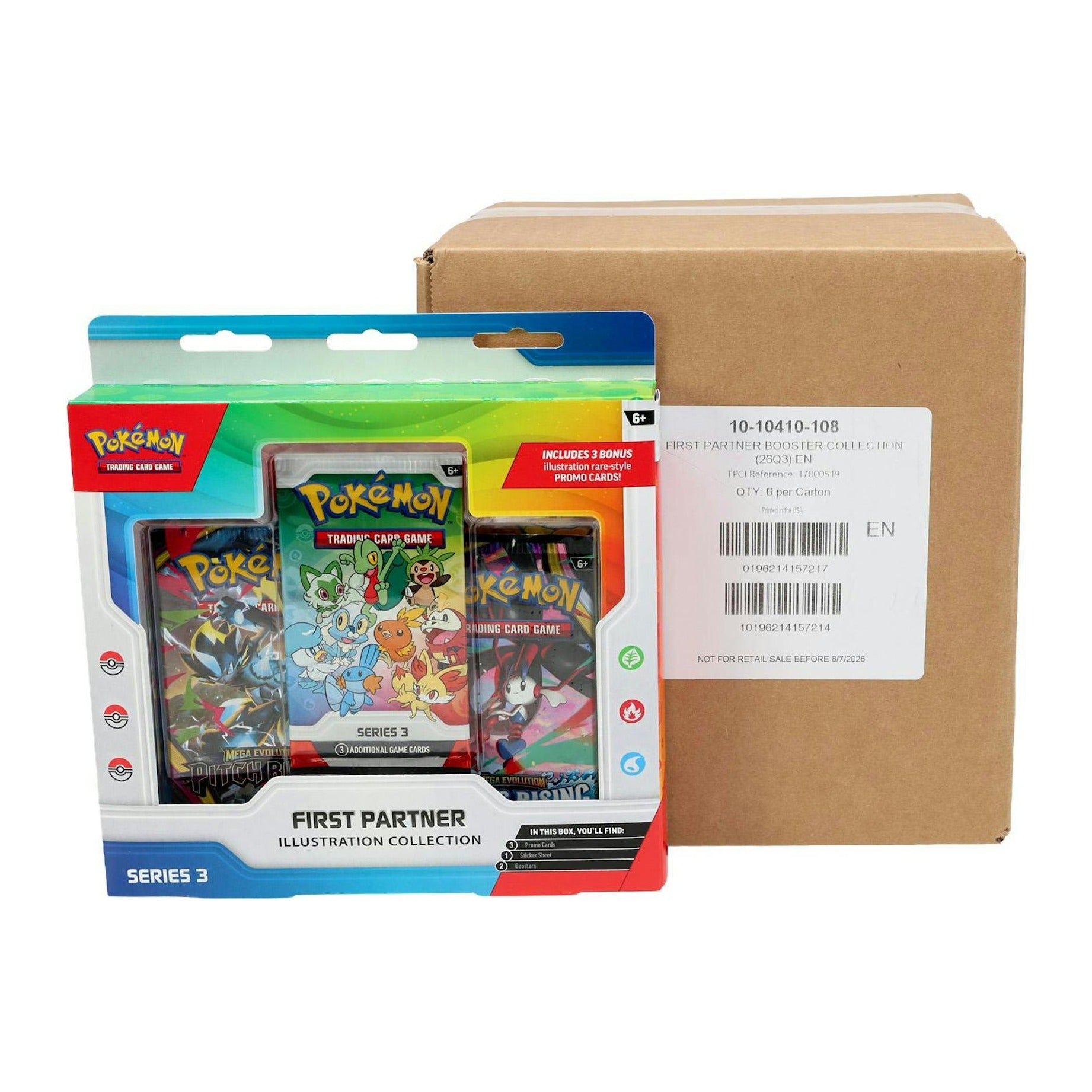 Sealed case of Pokemon TCG First Partner Illustration Collection Series 3, shown beside one of the six collection boxes inside