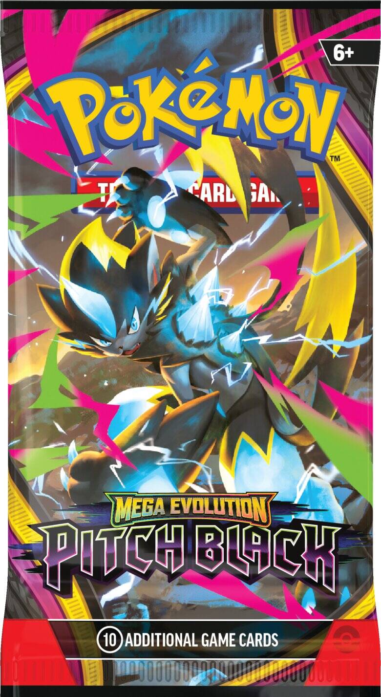 Mega Evolution Pitch Black booster pack art featuring Mega Zeraora ex