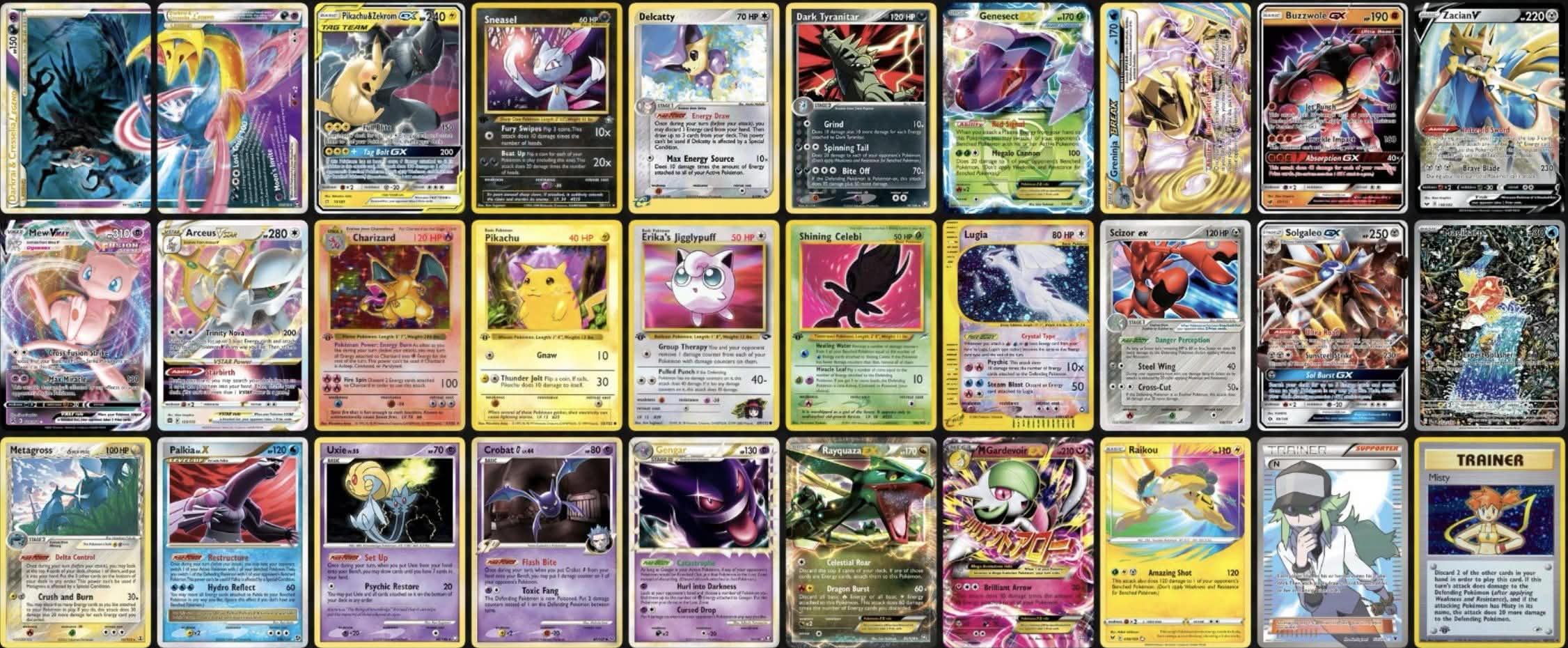 Likely Pokemon TCG 30th Celebration classic reprint lineup including Charizard, Crystal Lugia and Magikarp