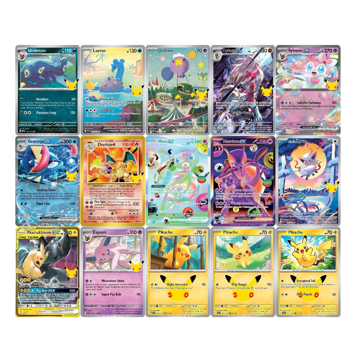 Revealed Pokemon TCG 30th Celebration cards including Pikachu, Mew ex, Mewtwo ex, Charizard and Umbreon