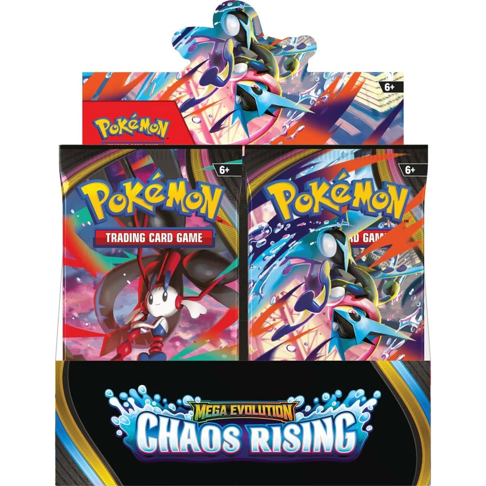 Pokémon trading card game packs with 'Mega Evolution Chaos Rising' branding on a white background.