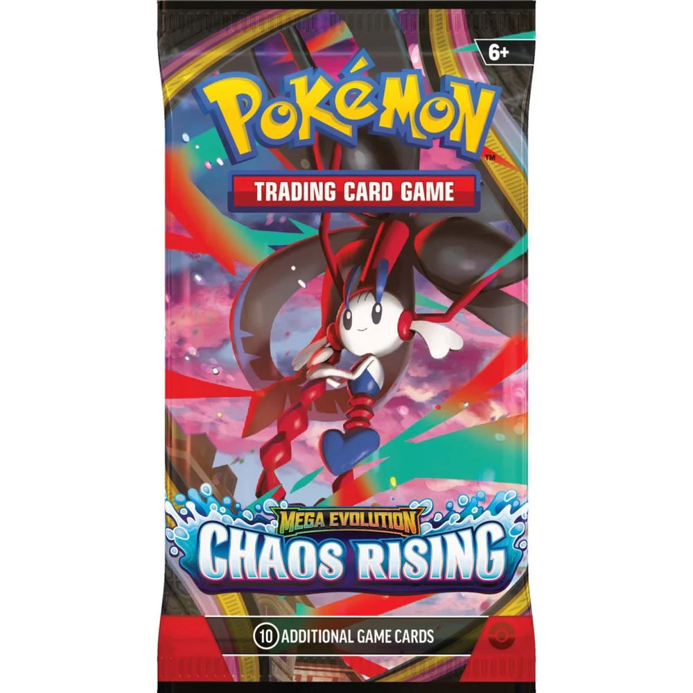 Pokémon Trading Card Game Mega Evolution Chaos Rising packaging with a Pokémon character on a colorful background.